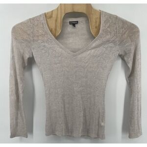 Express Women's V-Neck Long Sleeve Top Taupe Sheer Textured Knit Stretch Small